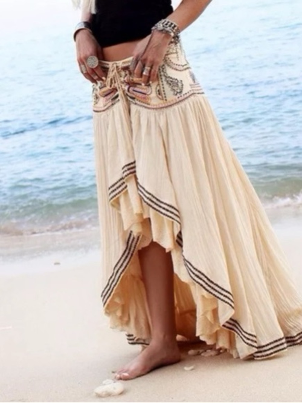 Free People Sun Rises in the East Boho Cream Hi-Lo Maxi Skirt 0/14-15.5” Waist